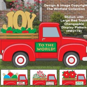 May include: A red truck with the word "JOY" in gold letters and green holly accents. The truck has a green sign that says "TO THE WORLD!". The image also shows three smaller images of the truck with different holiday-themed cargo.