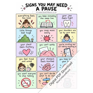 May include: A grid-style infographic titled SIGNS YOU MAY NEED A PAUSE, featuring fifteen colorful panels with illustrations and text describing stress symptoms like feeling overwhelmed, jaw tension, fatigue, and difficulty focusing on tasks.