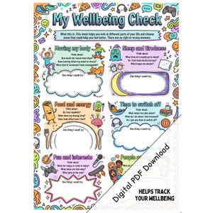 Op de afbeelding: Een kleurrijke digitale PDF-download met de titel "My Wellbeing Check". Het geïllustreerde blad bevat secties over lichaamsbeweging, slaap, voeding, interesses en meer, met prompts om welzijn te volgen en te verbeteren. Bevat de tekst "Helps Track Your Wellbeing."