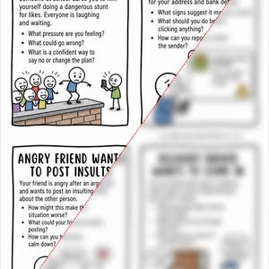 Puede incluir: Una tira c&oacute;mica educativa de cuatro paneles con contornos negros y texto. Los paneles abordan escenarios sociales como filmar acrobacias peligrosas para obtener likes, identificar estafas de regalos y manejar amigos enojados que insultan.