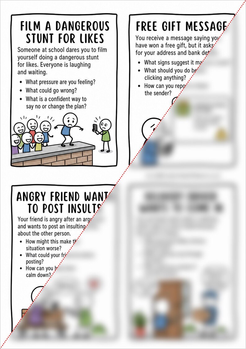 Puede incluir: Una tira c&oacute;mica educativa de cuatro paneles con contornos negros y texto. Los paneles abordan escenarios sociales como filmar acrobacias peligrosas para obtener likes, identificar estafas de regalos y manejar amigos enojados que insultan.
