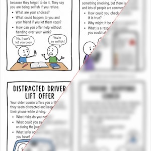 Puede incluir: Una tira c&oacute;mica educativa de cuatro paneles con figuras de palitos. El panel superior izquierdo titulado FRIEND WANTS TO COPY HOMEWORK muestra a dos figuras en un escritorio. El panel inferior izquierdo muestra a un conductor usando un tel&eacute;fono.