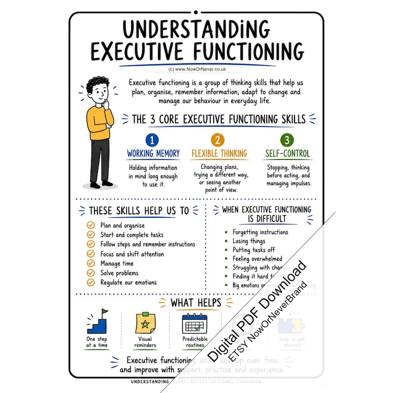 May include: An educational infographic titled Understanding Executive Functioning. It defines executive functioning, lists three core skills: working memory, flexible thinking, and self-control, and outlines how these skills help and what happens when they are difficult.