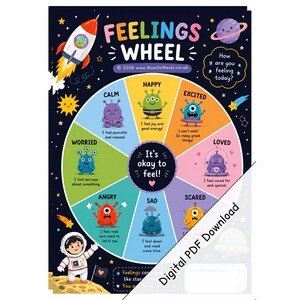 Op de afbeelding: Een Feelings Wheel poster met ruimtethema op een donkerblauwe achtergrond met een raket, planeten en sterren. De cirkelvormige grafiek toont acht gekleurde segmenten, elk met een cartoon-alien die emoties weergeeft, inclusief tekstlabels en beschrijvingen.