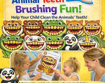 Animal Teeth Brushing Activity Printable – Interactive Dental Hygiene Worksheet (Digital Download)