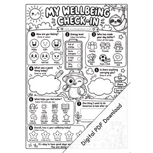 May include: A black and white printable wellbeing check-in worksheet featuring a sun, a sloth, and a penguin. The page includes numbered sections for tracking feelings, energy levels, positive influences, worries, and self-care activities to color.