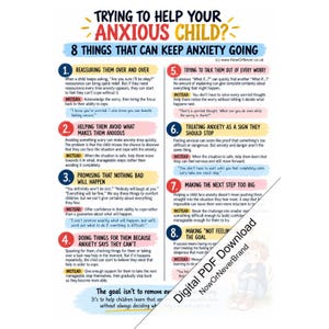 May include: An educational infographic titled Trying to Help Your Anxious Child? 8 Things That Can Keep Anxiety Going. The document lists eight numbered points with text explanations and advice, featuring a colorful layout with a small illustration.