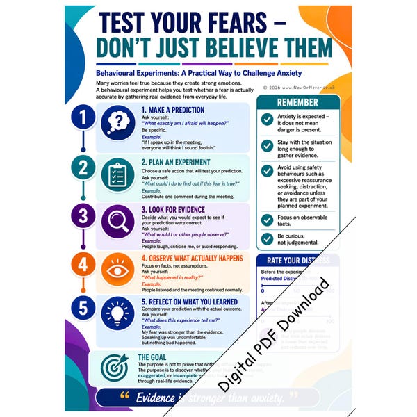 Challenging Anxiety Printable, Behavioral / Behavioural Experiment Guide PDF, Digital Download