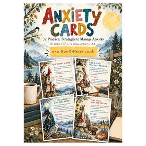 May include: A set of Anxiety Cards titled 32 Practical Strategies to Manage Anxiety, featuring four illustrated cards with text prompts. The cards display whimsical scenes with a rabbit, a person with a lantern, a person with an owl, and a person gardening.