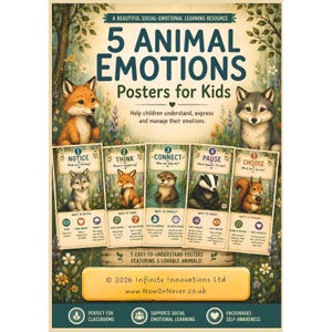 Op de afbeelding: Een set van vijf educatieve posters getiteld 5 ANIMAL EMOTIONS Posters for Kids, met illustraties van een vos, wolf, otter, das en eekhoorn. Elke poster bevat stappen zoals NOTICE, THINK, CONNECT, PAUSE en CHOOSE met bijbehorende iconen.