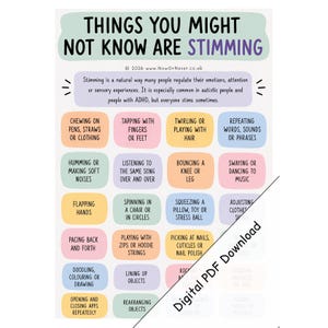 May include: An educational poster titled THINGS YOU MIGHT NOT KNOW ARE STIMMING, featuring a grid of colorful rounded rectangles. Each box contains text describing various stimming behaviors like chewing, tapping, twirling, and pacing.