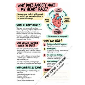 May include: An educational infographic titled Why Does Anxiety Make My Heart Race? featuring a diagram of a human heart in a cycle of fear, alarm, and heartbeat. The text explains the fight-or-flight response, anxiety cycles, and coping strategies.