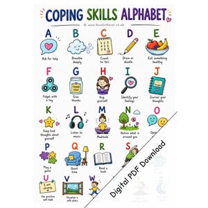 May include: A Coping Skills Alphabet educational poster featuring colourful illustrations for each letter from A to Z. Each letter is paired with a corresponding activity and descriptive text, such as Ask for help, Breathe deeply, and Count to ten.