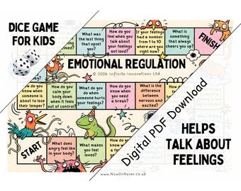May include: A colorful board game titled "Dice Game for Kids" with the theme of emotional regulation. The game features a dice, cartoon illustrations, and text prompts like "What does angry feel like in your body?" and "Helps Talk About Feelings."
