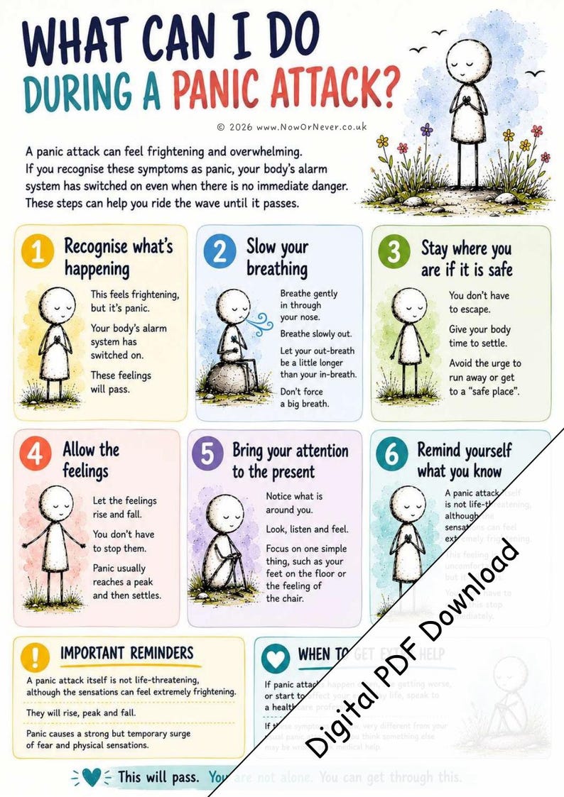 K&ouml;nnte beinhalten: Eine informative Infografik mit dem Titel What Can I Do During A Panic Attack? mit sechs nummerierten Schritten und Cartoon-Illustrationen einer Person. Der Text bietet Anleitungen zum Erkennen von Symptomen, zum Atmen und zur Erdung.