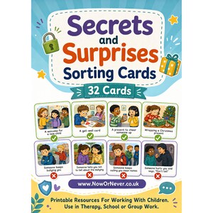 May include: A set of 32 Secrets and Surprises Sorting Cards featuring illustrations of social scenarios. The top row shows positive interactions with green checkmarks, while the bottom row shows negative bullying situations with red X marks.