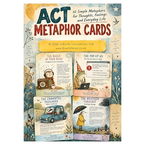 Könnte beinhalten: Ein Set von ACT-Metaphernkarten mit 32 einfachen Metaphern für Gedanken, Gefühle und den Alltag. Das Cover zeigt vier illustrierte Karten mit den Titeln The Radio in Your Head, The Pop-Up Ad, The Unwanted Passenger und The Weather Forecast.