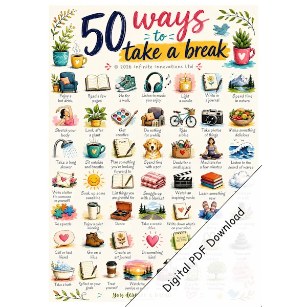 50 Ways to Take a Break - Digital Self-Care PDF (Digital Download) for taking breaks, relaxing, chilling and de-stressing