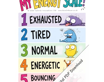 May include: A colorful chart titled MY ENERGY SCALE with five levels. Level 1 is purple and labeled EXHAUSTED with a tired creature. Level 2 is blue and labeled TIRED. Level 3 is green and labeled NORMAL. Level 4 is orange and labeled ENERGETIC. Level 5 is pink and labeled BOUNCING OFF THE WALL.