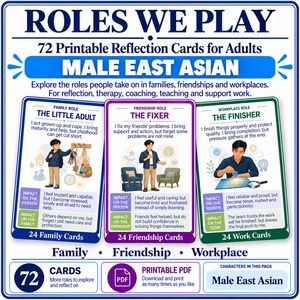 Op de afbeelding: Een set van 72 printbare reflectiekaarten getiteld ROLES WE PLAY MALE EAST ASIAN. De kaarten zijn verdeeld in drie categorieën: Familie, Vriendschap en Werkplek, elk met illustraties van een Oost-Aziatische man en beschrijvende tekst.