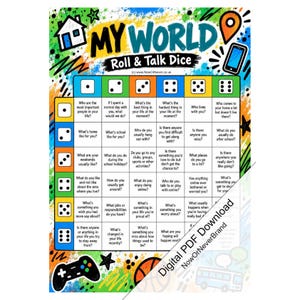 Könnte beinhalten: Ein farbenfrohes My World Roll & Talk Dice Spielblatt mit einem Raster aus Gesprächsanregungen, die nach Würfelzahlen von eins bis sechs geordnet sind. Das Design enthält Symbole für ein Haus, einen Standort-Pin, ein Smartphone und einen Controller.