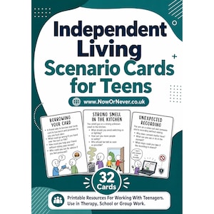 May include: A set of 32 Independent Living Scenario Cards for Teens with a dark teal background. The cards feature illustrations and text regarding borrowing bank cards, kitchen gas smells, and unexpected video recordings. Includes website URL.