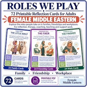 Peut inclure: Un ensemble de 72 cartes de réflexion imprimables intitulées ROLES WE PLAY, présentant trois exemples : The Little Adult, The Fixer et The Finisher. Chaque carte affiche des illustrations d'une personne en hijab, du texte et des sections d'impact.