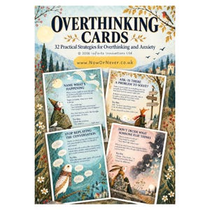 Puede incluir: Un juego de cartas Overthinking Cards con 32 estrategias prácticas para la ansiedad y el pensamiento excesivo. La portada muestra el título, sitio web y el año 2026. Se muestran cuatro cartas con ilustraciones de animales y texto.