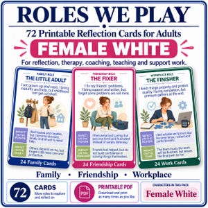 Könnte beinhalten: Ein Set aus 72 druckbaren Reflexionskarten mit dem Titel ROLES WE PLAY FEMALE WHITE. Die Karten sind in Familien-, Freundschafts- und Arbeitsrollen unterteilt und enthalten Illustrationen sowie beschreibende Texte für jede Rolle im PDF-Format.