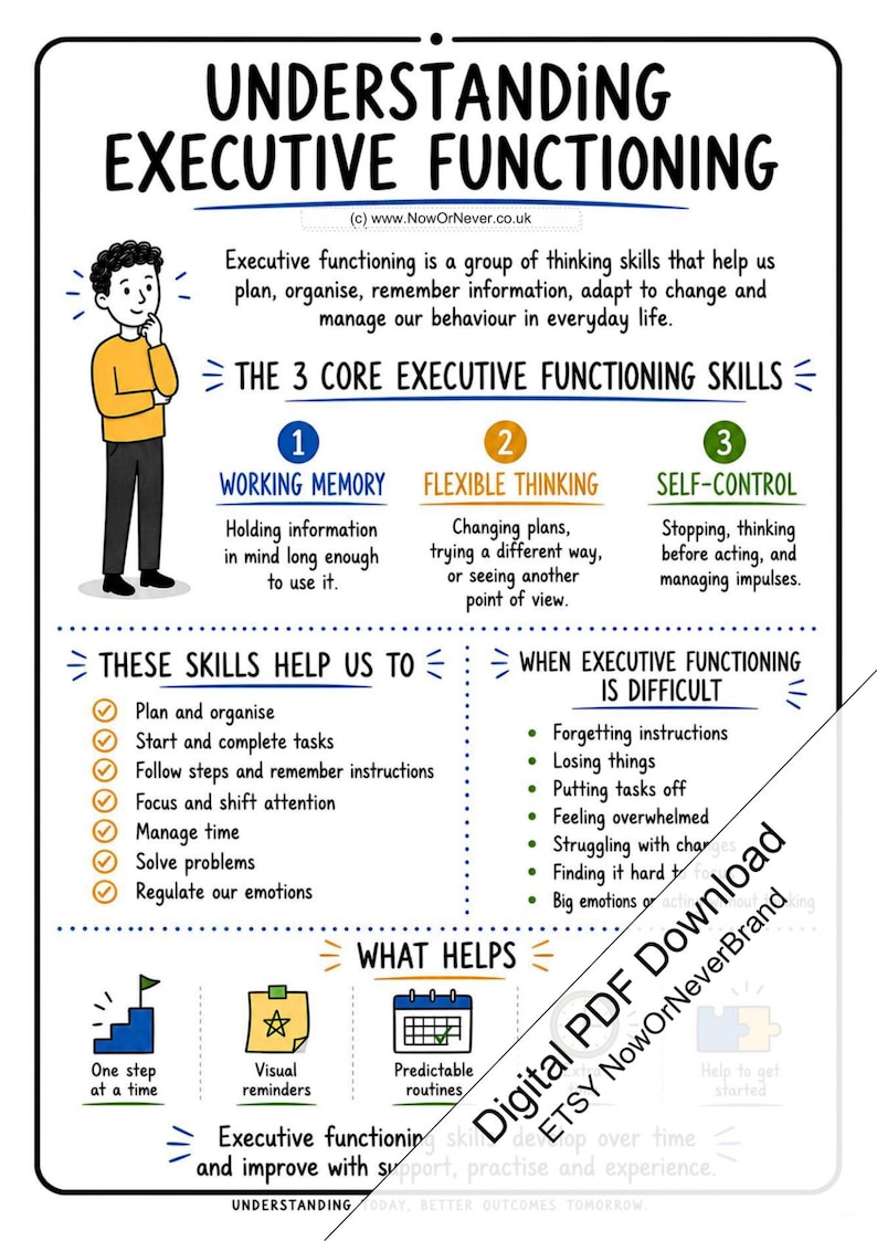 May include: An educational infographic titled Understanding Executive Functioning. It features a cartoon character, definitions of working memory, flexible thinking, and self-control, plus lists of skills, difficulties, and helpful strategies.