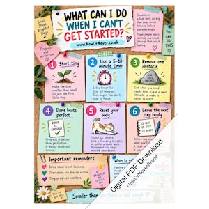 May include: A cork board display featuring a central title What Can I Do When I Can't Get Started? and six numbered colorful sticky notes with illustrations and text offering productivity tips, plus additional reminder notes and a digital download banner.