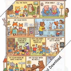May include: A vibrant cartoon illustration titled "Happy House Rules" showing animal characters acting out positive behaviours. The image is divided into sections, each illustrating a rule such as "Tell the Truth" and "Help Each Other". The style is child-friendly.