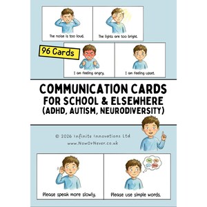 Kommunikationskort för pojkar utskrivbara PDF, ADHD Autism ASD-stöd, 96 kort, digital nedladdning, skola, mutism