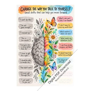 May include: A poster titled Change the Way You Talk to Yourself featuring a brain split into a grey side with negative phrases and a colorful floral side with positive affirmations, butterflies, and the text Digital PDF Download.
