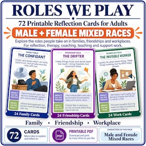 Op de afbeelding: Een set van 72 printbare reflectiekaarten getiteld ROLES WE PLAY, met categorieën voor familie-, vriendschaps- en werkrollen. Elke kaart toont een karakterillustratie, een roltitel en beschrijvende tekst over de persoonlijke impact.