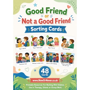 Może przedstawiać: Zestaw 48 kart do sortowania zatytułowanych Good Friend or Not a Good Friend. Karty zawierają kolorowe ilustracje dzieci demonstrujących różne zachowania społeczne, z zielonymi haczykami dla pozytywnych działań i czerwonymi znakami X dla negatywnych.