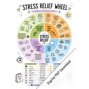 May include: A colourful circular Stress Relief Wheel chart featuring four quadrants labelled Calm Your Nervous System, Move Your Body, Clear Your Mind, and Reconnect With Others. Each section contains icons and text prompts for wellness.