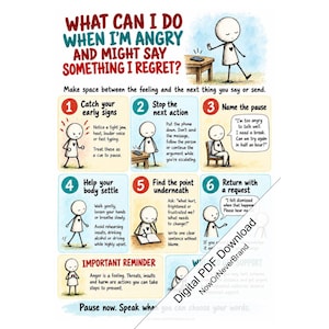 Puede incluir: Una infografía educativa titulada What Can I Do When I'm Angry And Might Say Something I Regret? Presenta seis pasos numerados con ilustraciones de dibujos animados de un personaje de palitos, ofreciendo consejos sobre el manejo de la ira.