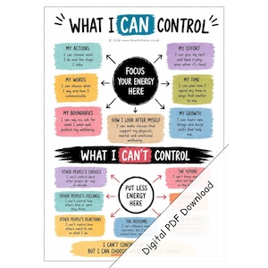 May include: A colorful educational poster titled What I Can Control and What I Can't Control. It features two central black circles with text directing energy, surrounded by color-coded boxes listing personal actions, boundaries, and external factors.