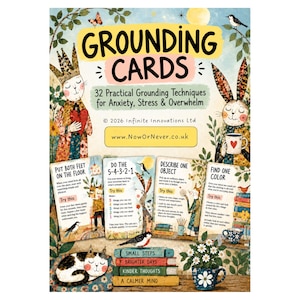 Può includere: Un set di carte di radicamento con il testo 32 Practical Grounding Techniques for Anxiety, Stress & Overwhelm. Le carte mostrano illustrazioni stravaganti di animali, fiori e libri, con testo didattico per esercizi di consapevolezza.