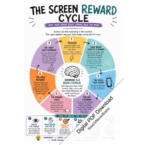 Puede incluir: Una infografía educativa titulada The Screen Reward Cycle, que presenta un diagrama circular con siete pasos numerados que explican la dopamina y los hábitos cerebrales. El gráfico utiliza colores pastel e incluye texto sobre disparadores, recompensas y ciclos.