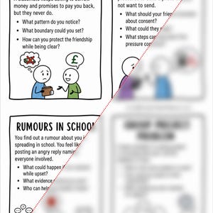 Puede incluir: Una hoja de trabajo educativa con ilustraciones de l&iacute;neas en blanco y negro y texto. Las secciones se titulan Borrowing Money, Photo Pressure y Rumours in School. Cada parte incluye preguntas de debate y figuras de palitos.