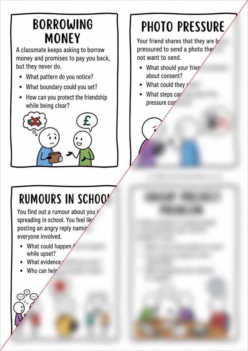 Puede incluir: Una hoja de trabajo educativa con ilustraciones de l&iacute;neas en blanco y negro y texto. Las secciones se titulan Borrowing Money, Photo Pressure y Rumours in School. Cada parte incluye preguntas de debate y figuras de palitos.