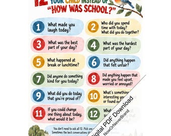 School Day Conversation Questions Printable PDF, 12 After School Prompts for Children, Parent Carer Resource, Digital Download