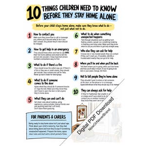 May include: An educational poster titled 10 Things Children Need To Know Before They Stay Home Alone. It lists ten numbered safety tips with text explanations, including emergency contacts, fire safety, and door protocols, plus a section for parents.