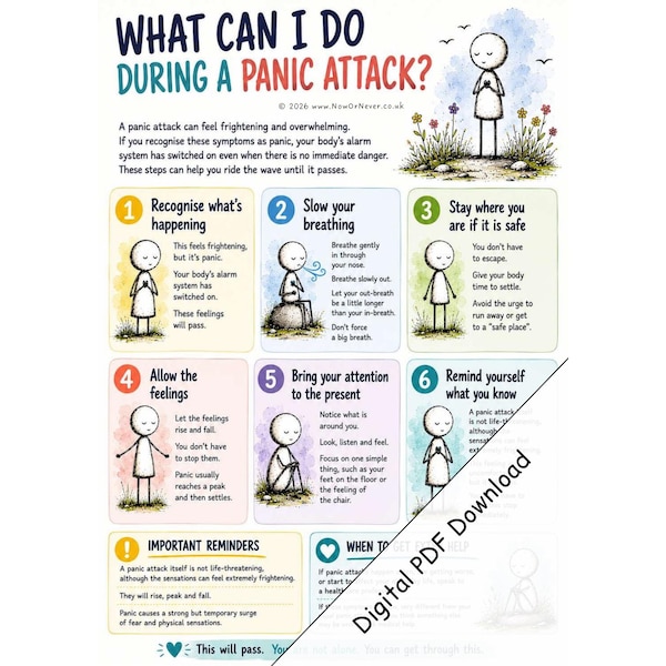 Panic Attack Support Printable PDF, Calming Steps and Grounding Guide for Parents, Carers and Professionals - what to do during