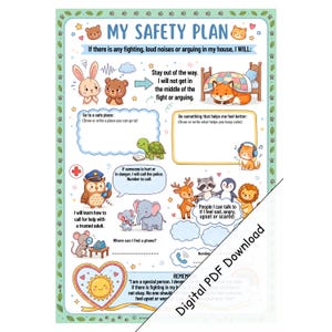 May include: A printable safety plan worksheet titled MY SAFETY PLAN featuring colorful cartoon animals, including a fox in bed, a turtle, an owl police officer, and a mouse. The document includes sections for writing, drawing, and emergency contact information.