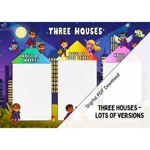Afdrukbare pdf met drie huizen, werkbladen emotionele verkenning voor kinderen, digitale download van 3 huizen