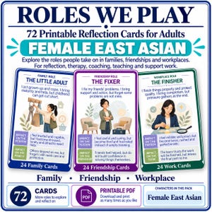 Op de afbeelding: Een set van 72 printbare reflectiekaarten getiteld ROLES WE PLAY, met drie voorbeeldkaarten voor Oost-Aziatische vrouwelijke personages. De kaarten beschrijven rollen in familie, vriendschap en werk met tekst, illustraties en secties over impact.