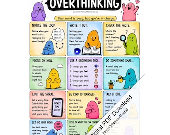 Overthinking Coping Skills Poster Printable, Grounding and Worry Management Guide PDF Digital Download